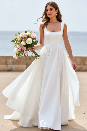 White A Line Square Neck Wedding Dress